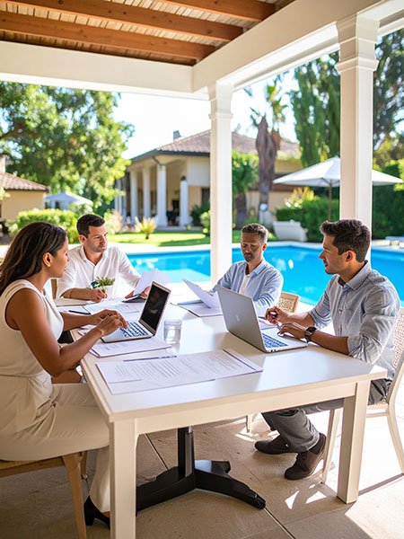 HOA board meeting discussing professional pool management solutions with 805 LifeGuard representatives